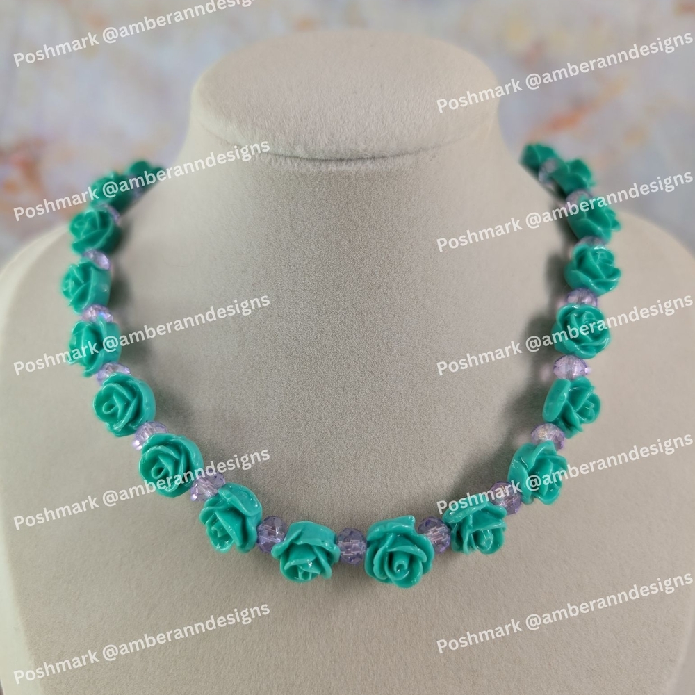 One Of A Kind Turquoise Rose Choker Necklace with Purple Crystal Bead Accents